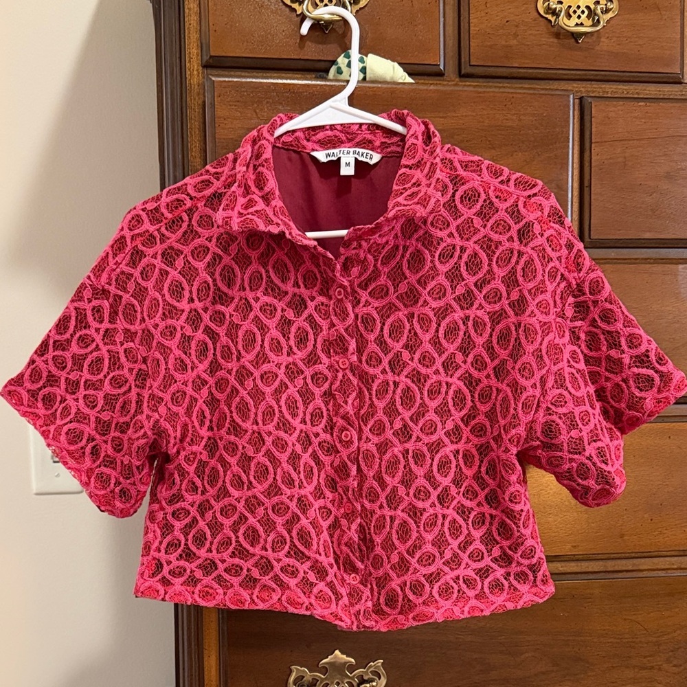 Walter Baker Fuchsia Lace Short-Sleeve Button-Down Shirt